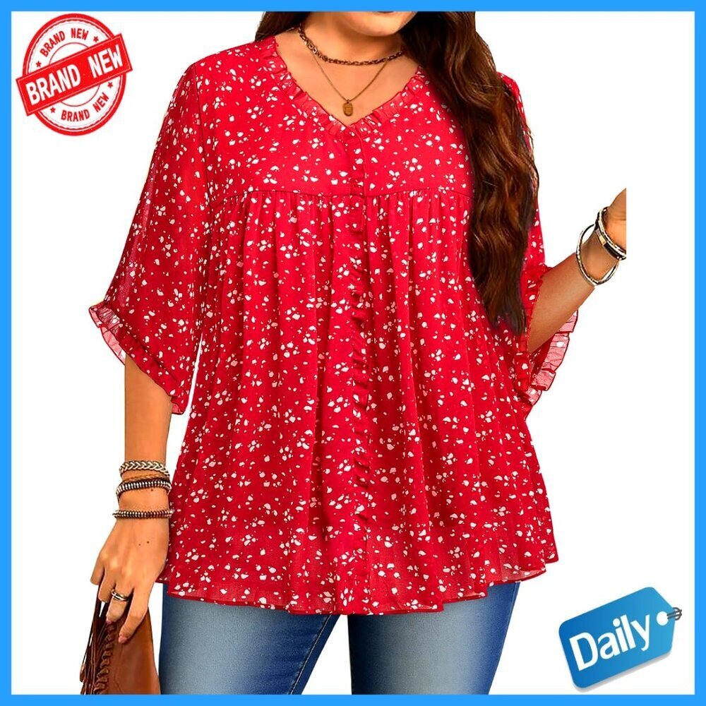 Plus Size Chiffon Blouse 3/4 Sleeve V Neck Loose Fit Tunic Boho Casual